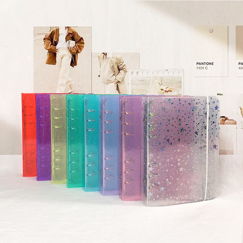 Cross-border exclusive ins style PP transparent shell + pvc color glitter cover a5a6 strap 6-hole loose-leaf ledger
