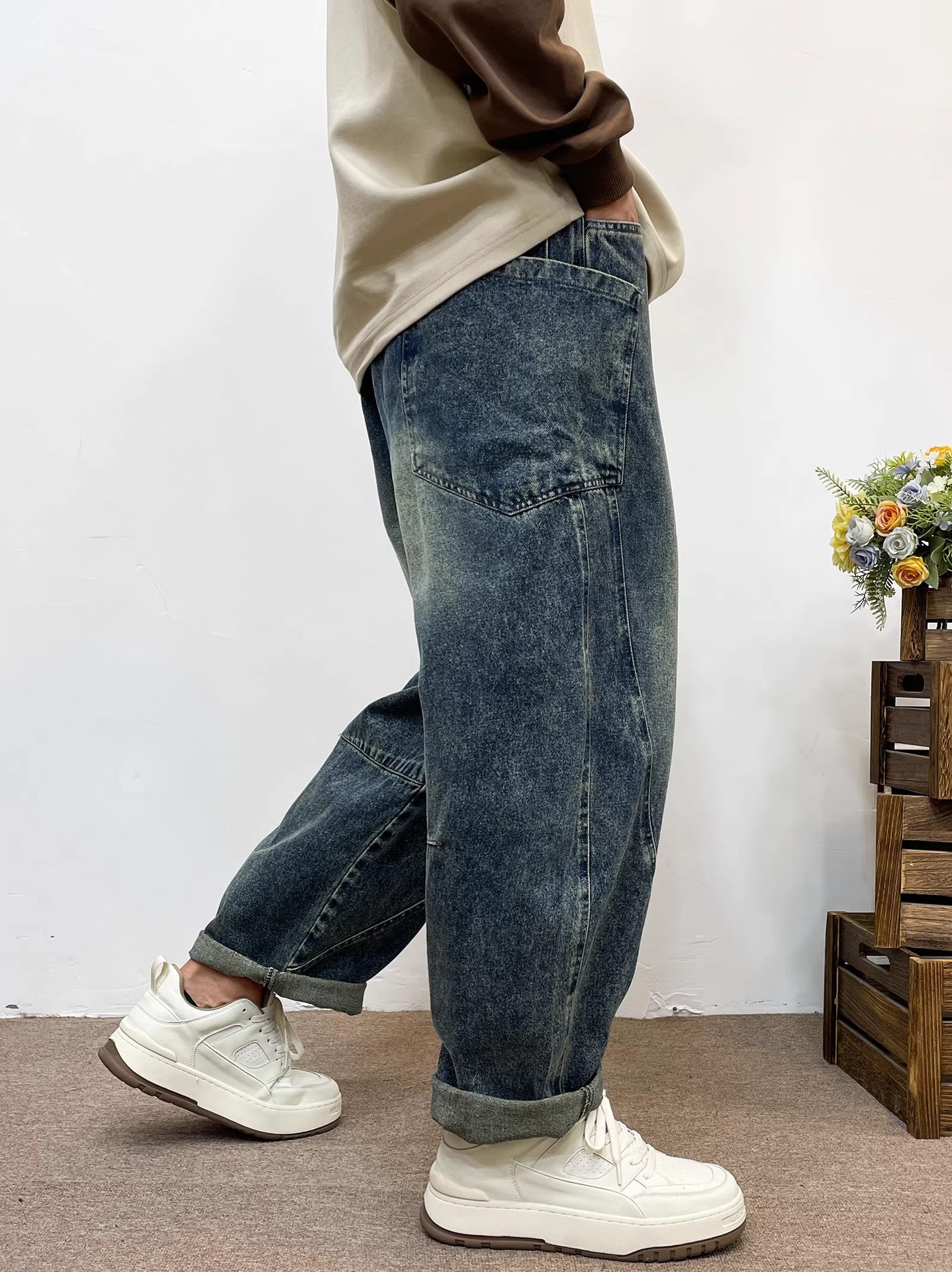 Men's Light Blue Washed Harem Jeans Casual Denim Pants For Men_voghion.com