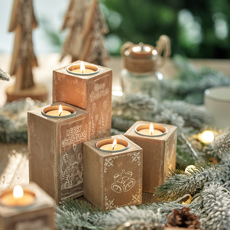 Nuevos productos transfronterizos decoraciones navideñas de madera candelabros para hacer viejas decoraciones de escritorio retro de Navidad disparo de props