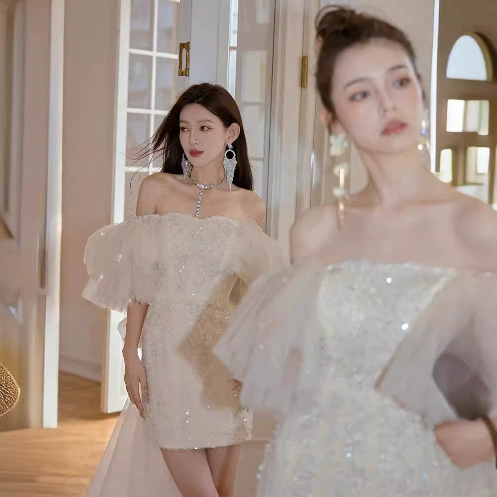 Вечернее платье 2024 Новый элегантный тонкий Блестящий кусок платье тяжелая работа слоеного рукава День рождения платье для взрослых Церемония платье