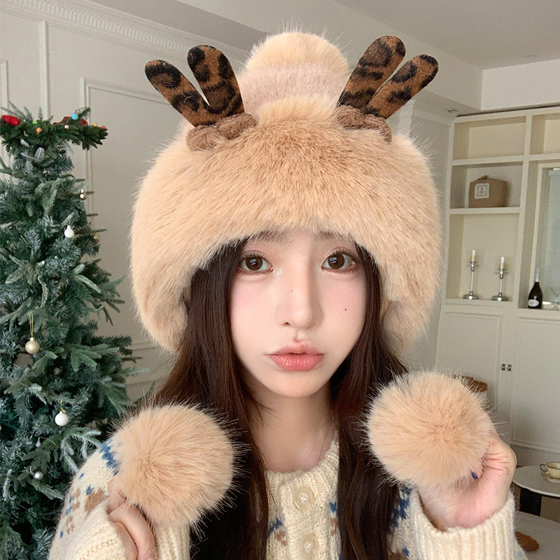 鹿角雷锋帽子女秋冬季日系可爱毛球加厚保暖护耳帽户外滑雪防寒帽|undefined