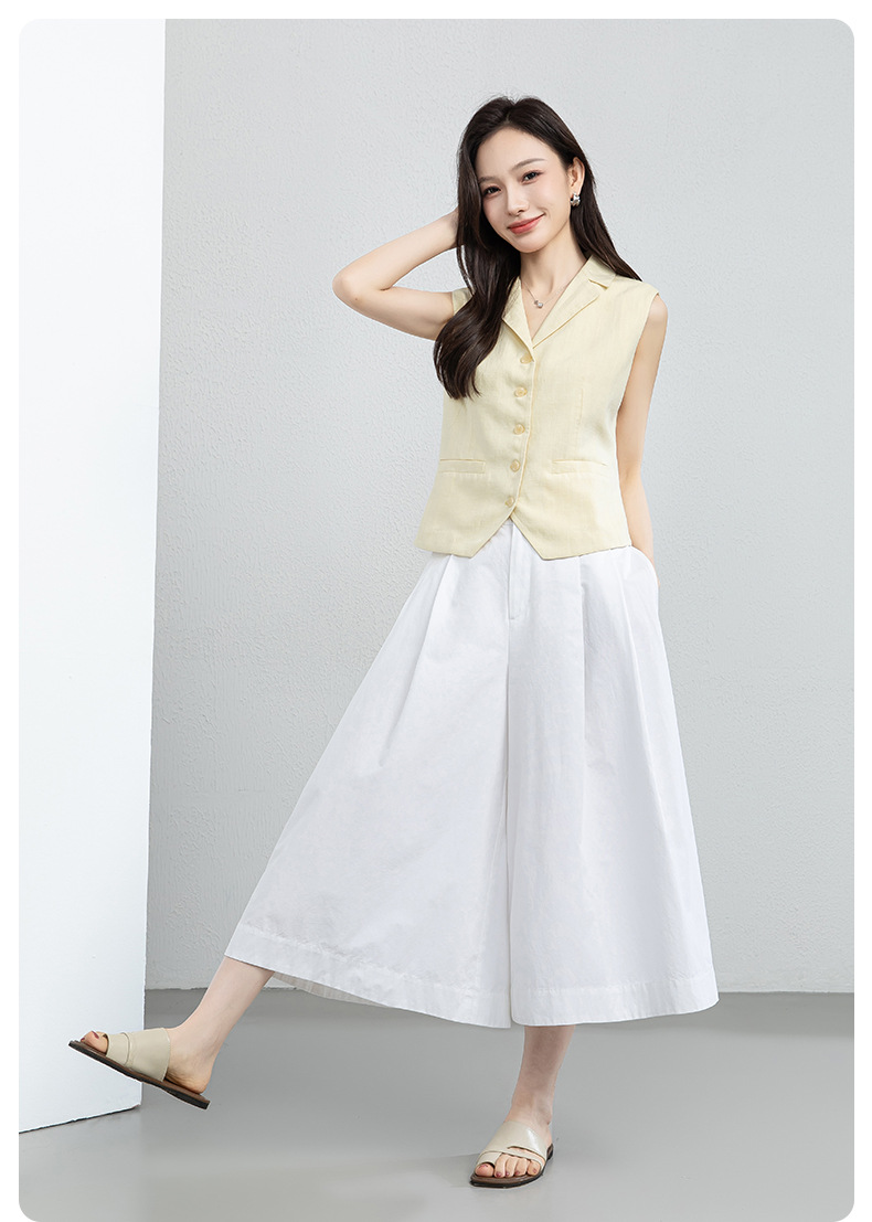 Quần culottes nữ ống rộng cạp cao vải linen cotton mỏng nhẹ mùa hè — màu trắng chi tiết 18