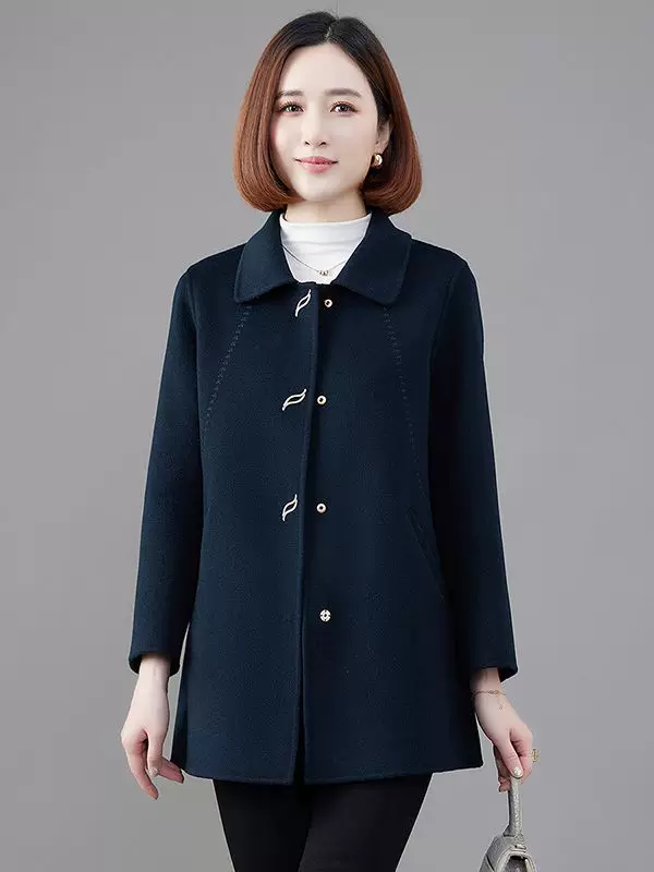 Double-Sided Velvet Wool Coat for Mothers - Demi-Season, Plus Size, Classic Collar, Cozy Warmth