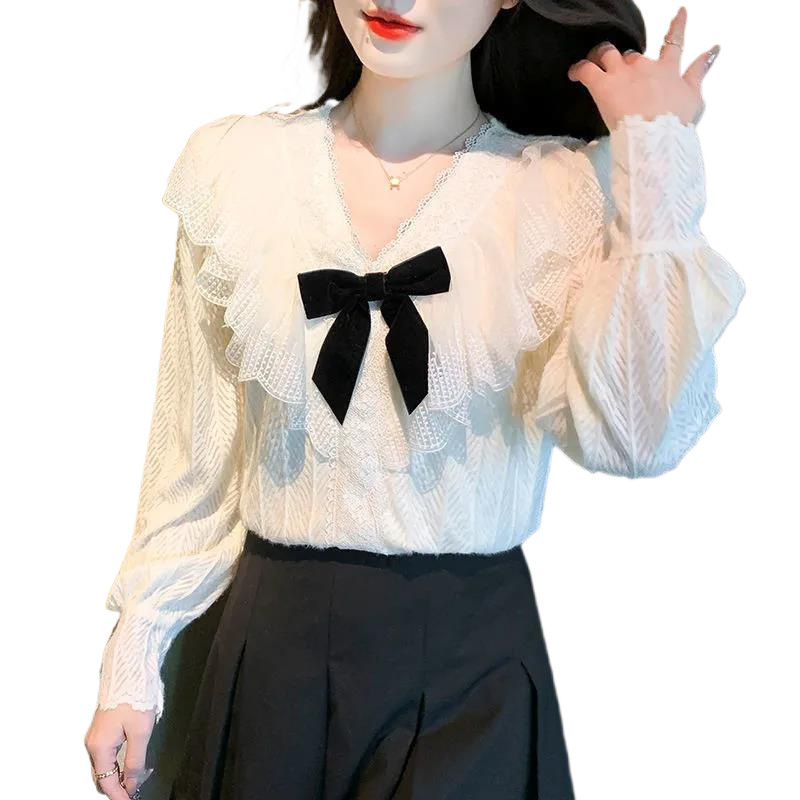 Spring design apricot fleece base lace silk shirt with bow