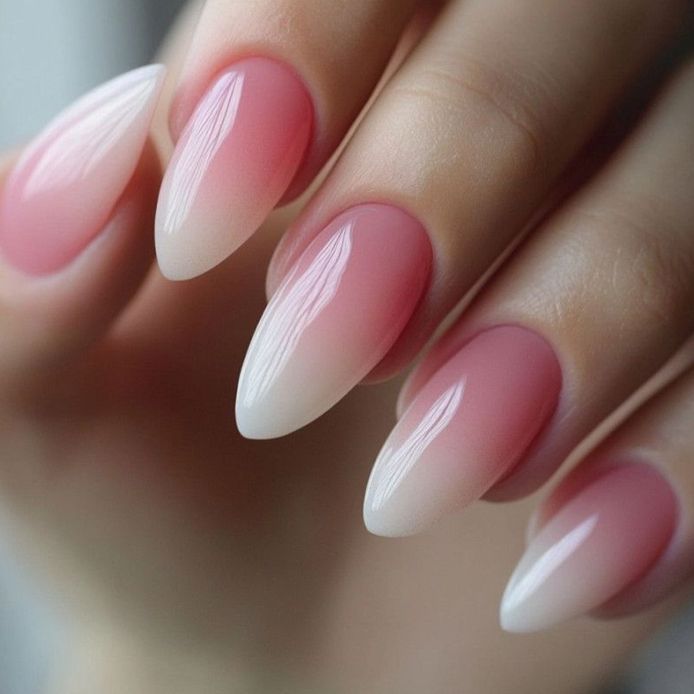 Chicas calientes, uñas de uñas en forma de almendra, parche de uñas desmontable degradado rosa y blanco, uñas de vestir más vendidas en Europa y América