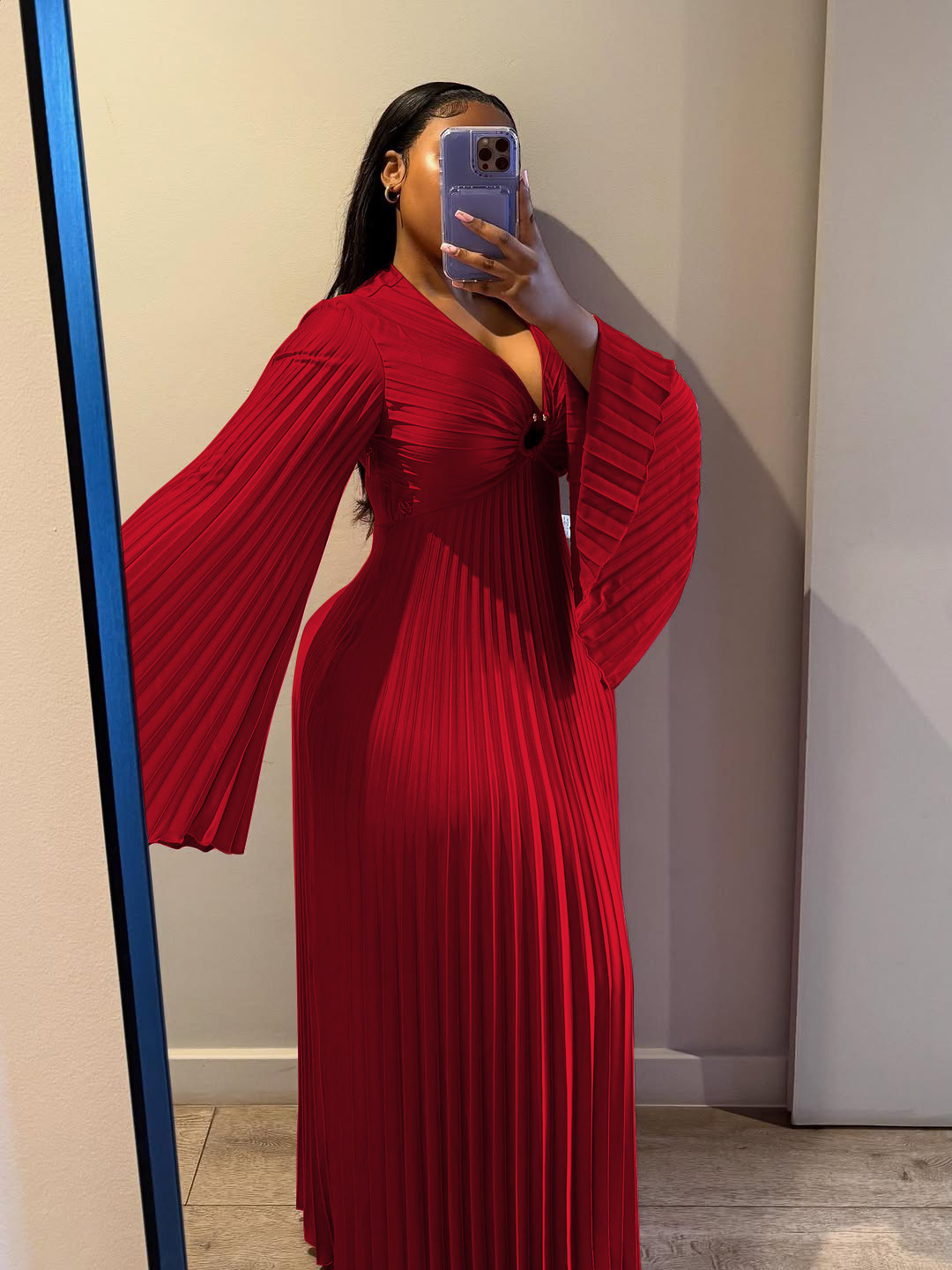 Women's Clothing Elegant Slim Fit Women's Dress V Neck Pleated Long Sleeve Solid Color Casual Spring/Autumn Dress_ecoleips.com