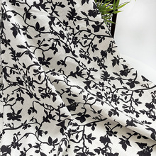 黑色树枝印花亚麻粘夏季汉服连衣裙面料棉麻复古衬衫裤装枕套布料