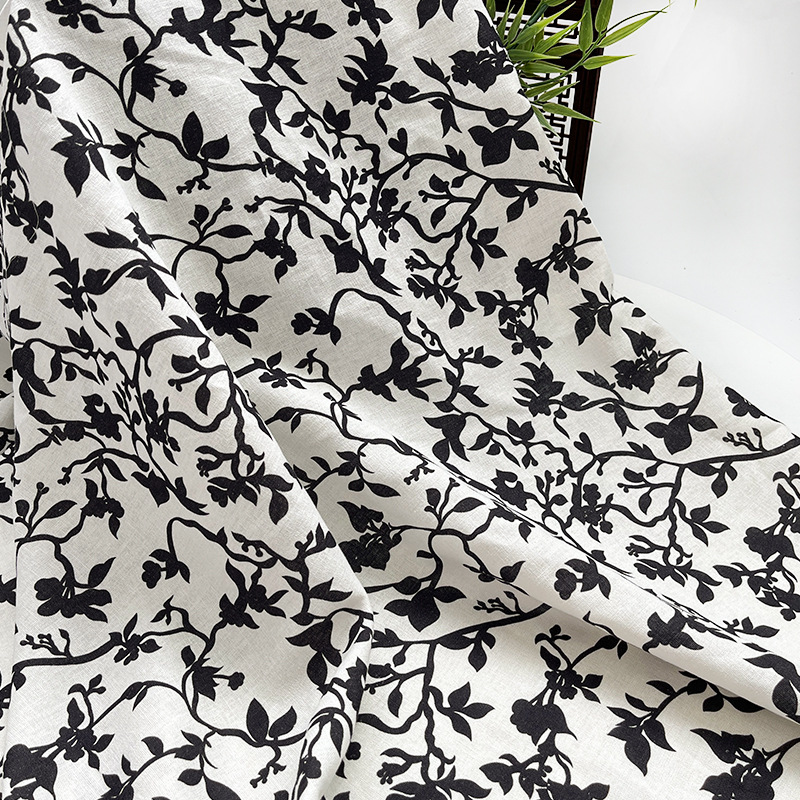 黑色树枝印花亚麻粘夏季汉服连衣裙面料棉麻复古衬衫裤装枕套布料