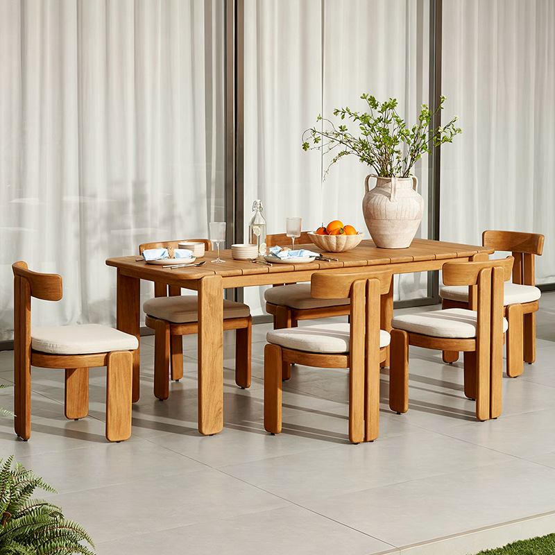Mesa y silla de madera de ocio al aire libre combinación de patio hotel resort impermeable anticorrosión terraza muebles de mesa larga