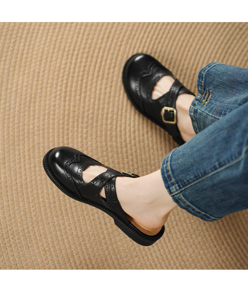 Dép sandal nữ da bò mũi trùm đế bằng, quai chéo chạm trổ cổ điển — đen chi tiết 11