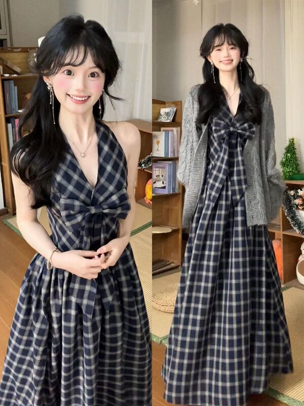Blue Plaid Soft Pleated Spring Bow Halter Dress and Gray Cardigan Two-Piece Set 2026 Spring/Summer New Holiday Style