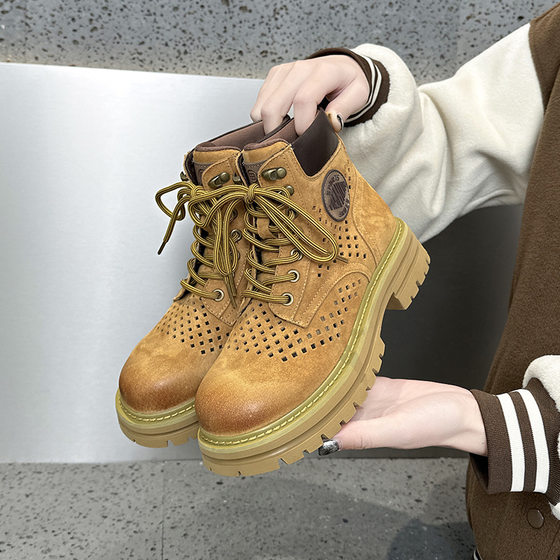 White Deer's Same Summer Limited Edition Cut Out Boots for Women, New Outdoor Mountaineering Rhubarb Boots, Toe-Layer Pigskin Work Boots