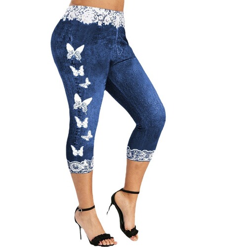 European and American large size wisheBay fashion casual butterfly print tight yoga capris for women