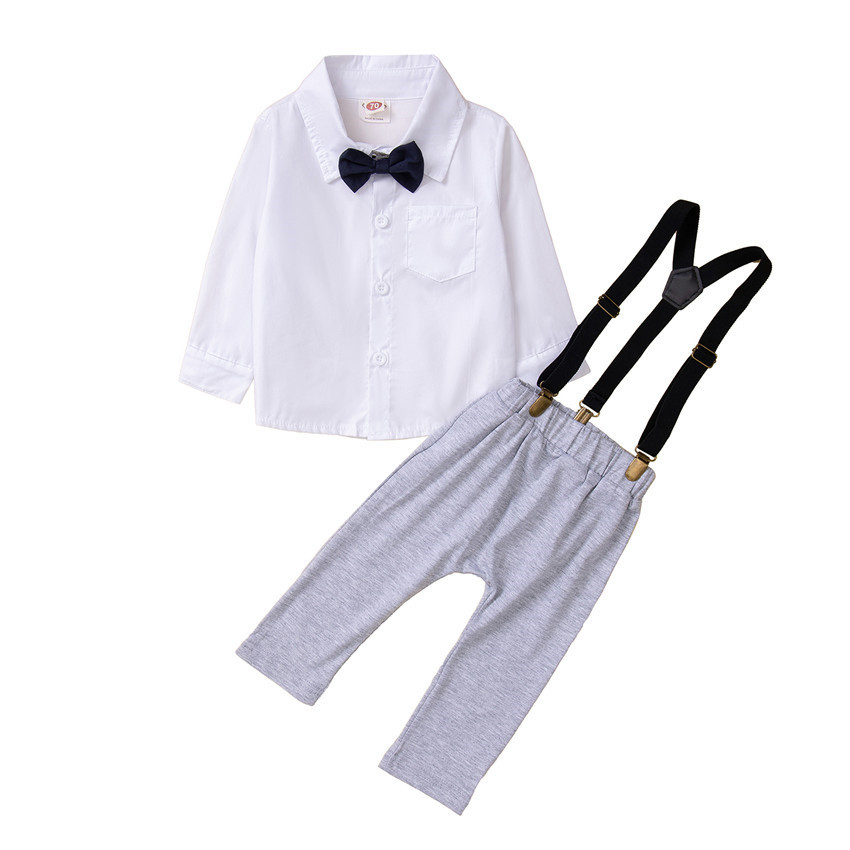 Spring and Autumn New Gentleman's Set Fashion Boys' Baby White Tie Shirt+Strap Pants_voghion.com