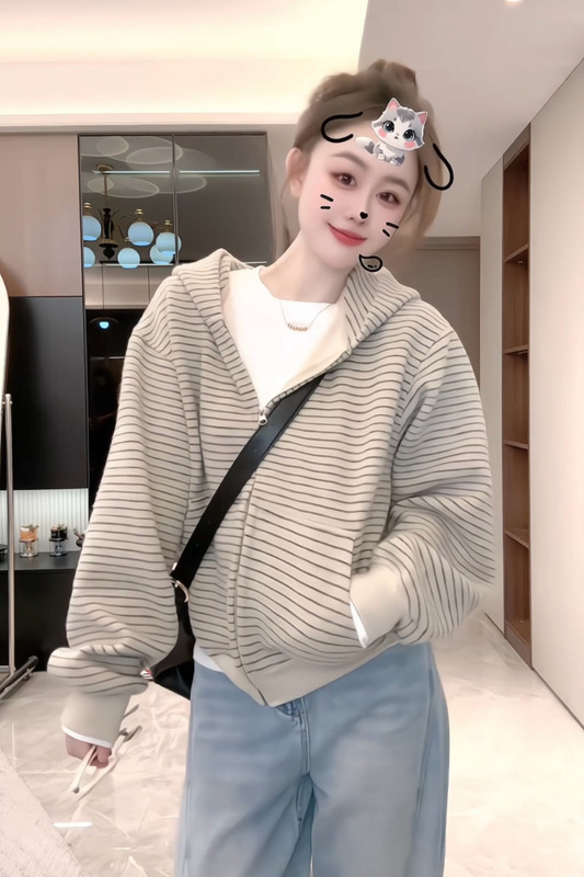 慵懒连帽卫衣女春秋新款韩系拉链条纹开衫百搭显瘦休闲减龄短外套|undefined