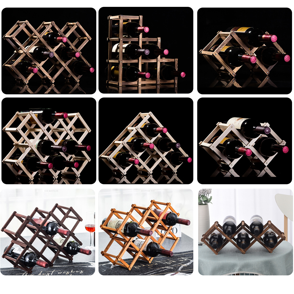 Y madera sólida plegable fábrica de estantes de vino vino vino de madera venta directa estante de almacenamiento de botellas de vino estante de exhibición de vino