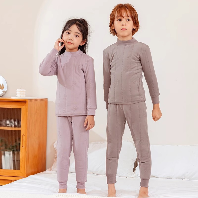 Children's Wool Thermal Underwear Set for Autumn and Winter, Girls and Boys, Fleece-Lined and Thickened Tops and Bottoms for Older Children
