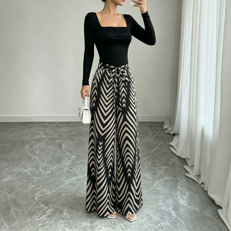 European and American Style Square-Neck Long-Sleeved Black Top + Geometric Print Wide-Leg Jumpsuit, Waist-Cinching Slimming Pants Skirt, in Stock