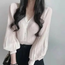 韩国chic时尚气质2024夏季新款显瘦雪纺拼接V领开衫针织衫女