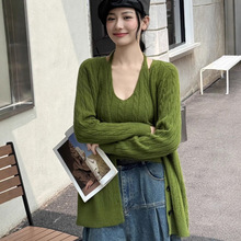 韩系休闲风麻花针织开衫套装女秋冬宽松毛衣外套小背心两件套1178