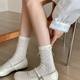 Summer Thin Lolita Mid-Calf Socks with Side Ribbons, Heart Bows, Cut Out Mesh, Cream Color Pile Socks