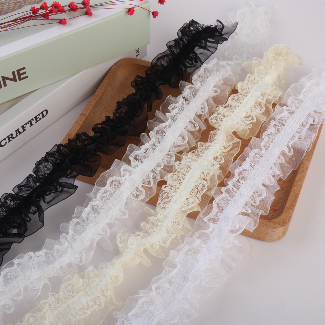 現品4cm二重リボンシワレース弾力シュシュ子供髪飾りヘアバンド緩めレース134