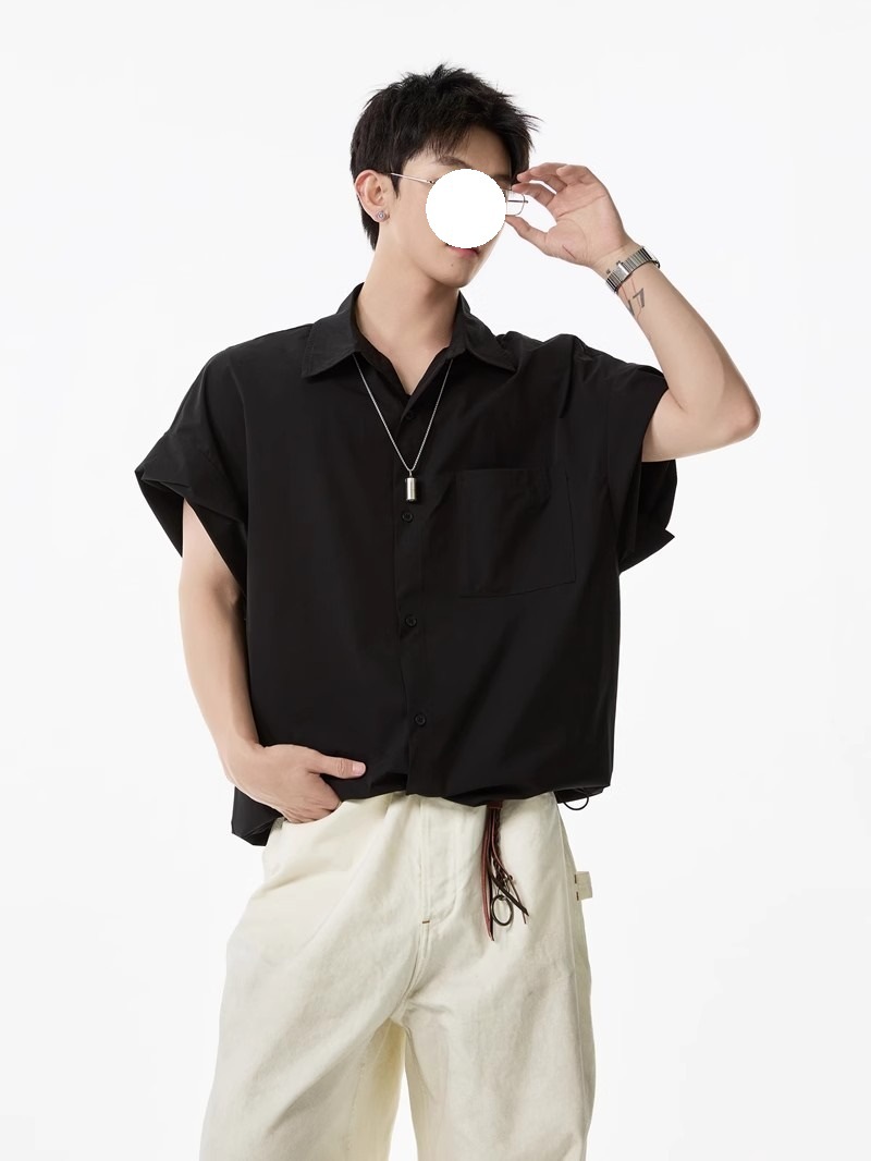 Khaki Tooling Shirt Short-sleeved Men's Summer American Simple Loose Lapel Shirt Drawstring Design Couple Inch Clothes Tide_viptrois.com