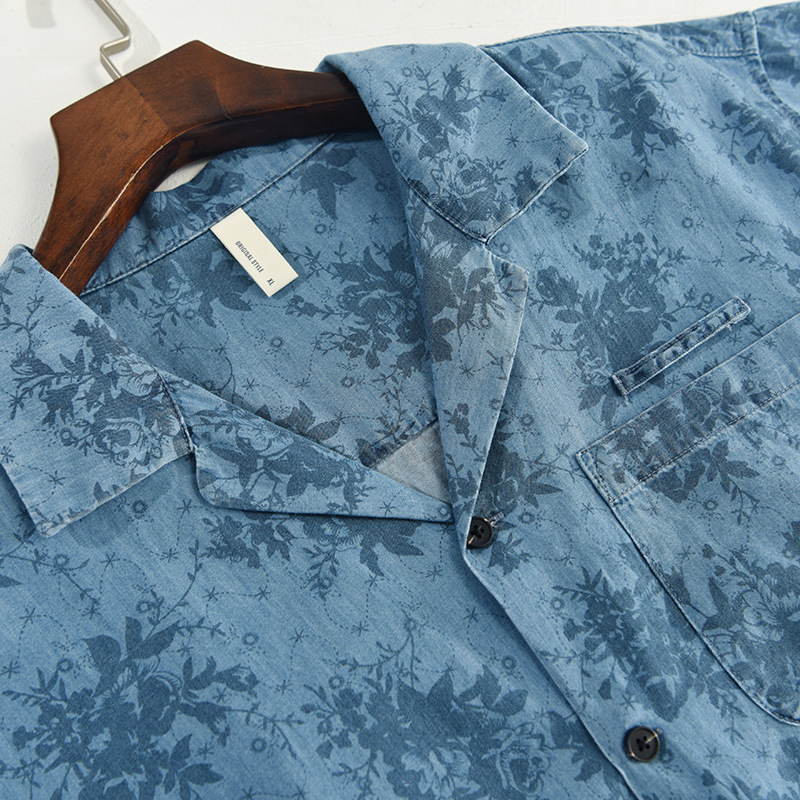 Camicia da uomo estiva alla moda con stampa floreale, colletto cubano, maniche corte in denim, disponibile per il dropshipping Z945_voghion.com
