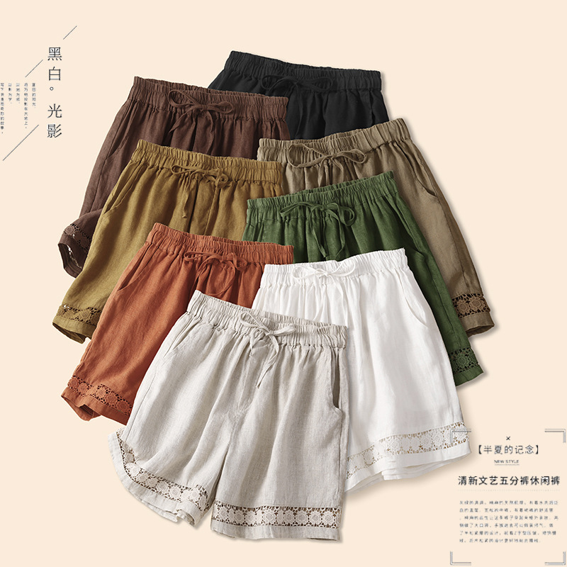 8 Color Retro Hollow Lace Cotton and Hemp Pants Women's Lace-up Stretch Waist Wide Leg Pants Comfortable Casual Pants All-match Shorts