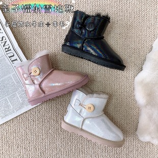 Genuine Leather Kidsren's Snow Boots, Girls' Shoes with Buttons, Winter Short Boys' Boots, Baby Fur Integrated Warm Cotton Shoes