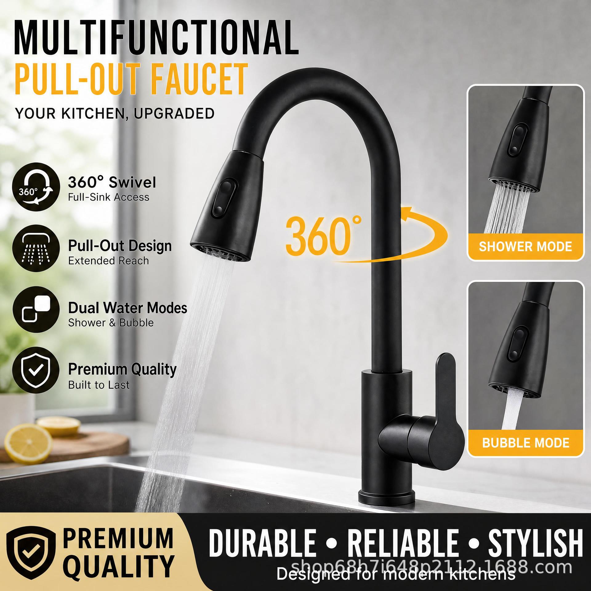 Cross-border stainless steel pull-out kitchen faucet, hot and cold, universal retractable, for home use in sinks and dishwashing basins