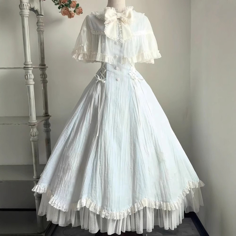 Aqua Wind Chime Dream Lolita Dress Gentle Bow Sweet Cute Puffy Cake Skirt Petite