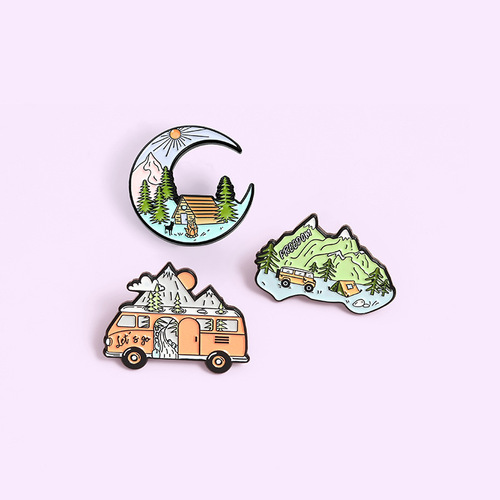 Customized New Style Creative Landscape Picture Moon-Shaped Brooch Personality Bus Accessories Mountain Decor Brooch