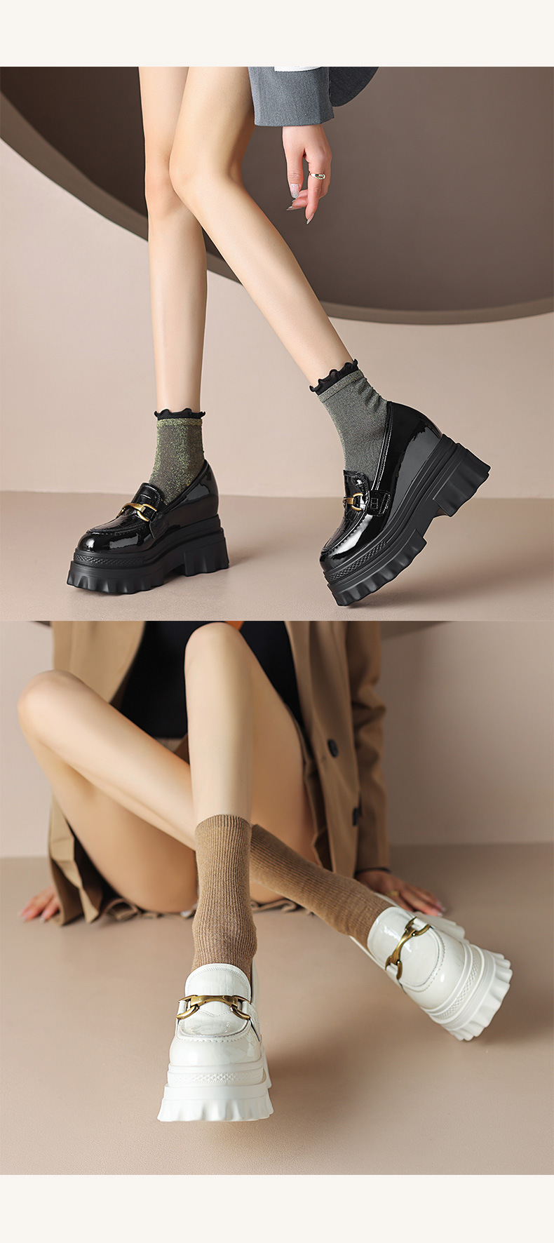 Giày loafer nữ mũi tròn đế xuồng platform tăng chiều cao, khóa kim loại — màu be, màu đen chi tiết 8