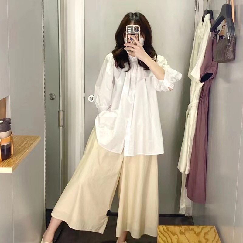 COS Style 2025 Spring New Loose Elastic Waist and Ankle Solid Color Cotton Elegant Wide Leg Pants Women's Skirt Pants