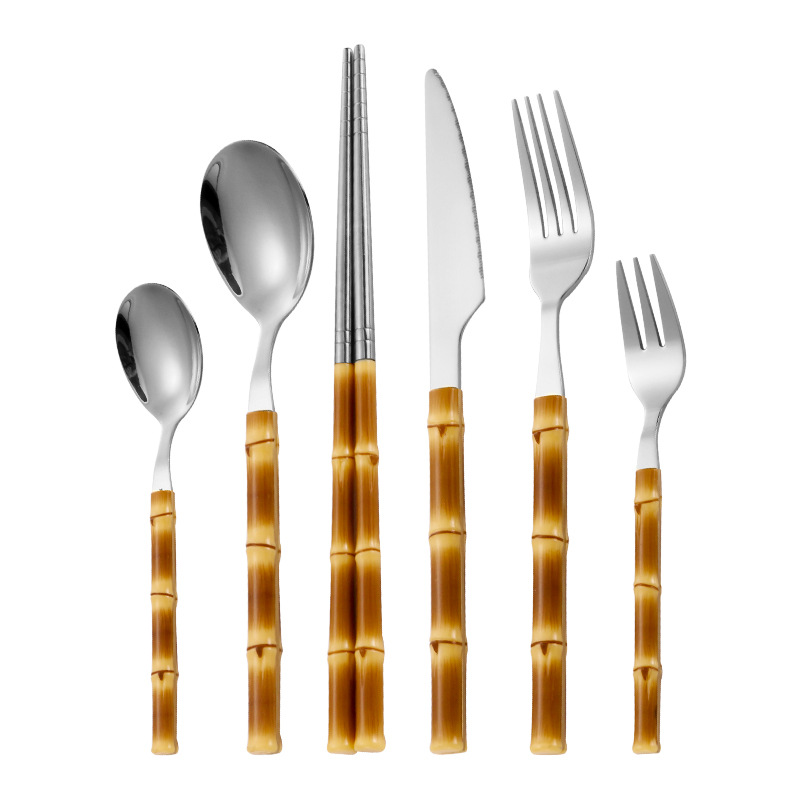 Cuchillo de acero inoxidable, tenedor y cuchara Hotel creativo vajilla occidental cuchillo de filete, tenedor y cuchara Palillos de bambú de imitación transfronteriza