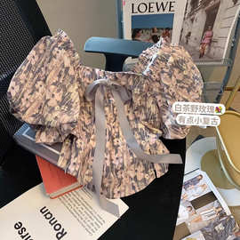 泡泡袖方领衬衫女春季法式温柔甜美辣妹娃娃衫系带蝴蝶结短款衬衣
