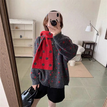 简约韩版风波点带围巾氛围感针织开衫秋冬新款设计感百搭减龄毛衣