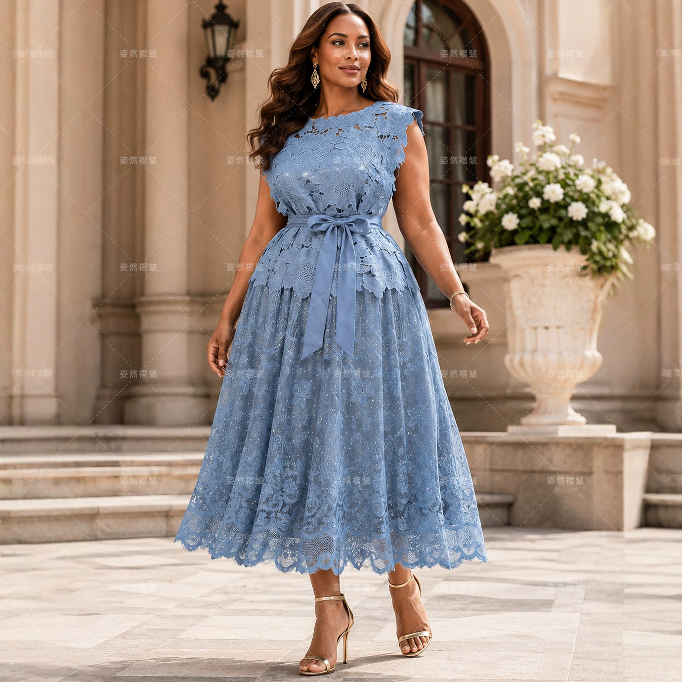 2026 New French Elegance Slimming Plus Size Women's Sleeveless Lace Rhinestone Full Skirt Suit Dress (Amazon)