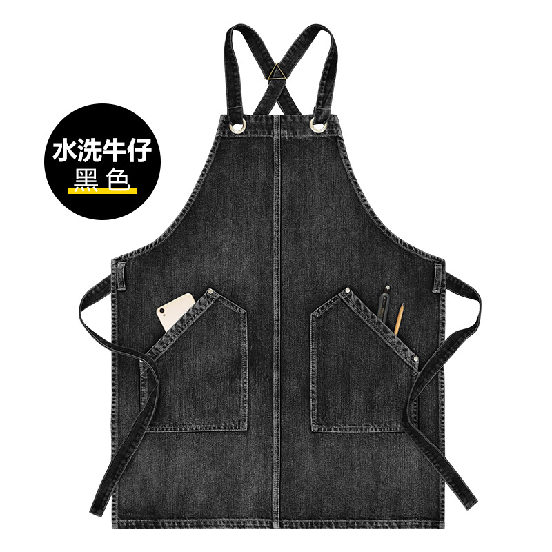 Comercio exterior puro algodón lavado delantal de mezclilla logotipo personalizado estudio arte estudiante restaurante ropa de trabajo delantal al por mayor personalizado