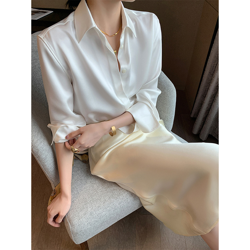 三醋酸高级感女上衣2025春夏新款缎面白衬衫法式气质正装职业衬衣|undefined