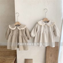 ins韩版女童装秋冬连衣裙甜美灯芯绒女孩公主裙蕾丝翻领长袖裙子