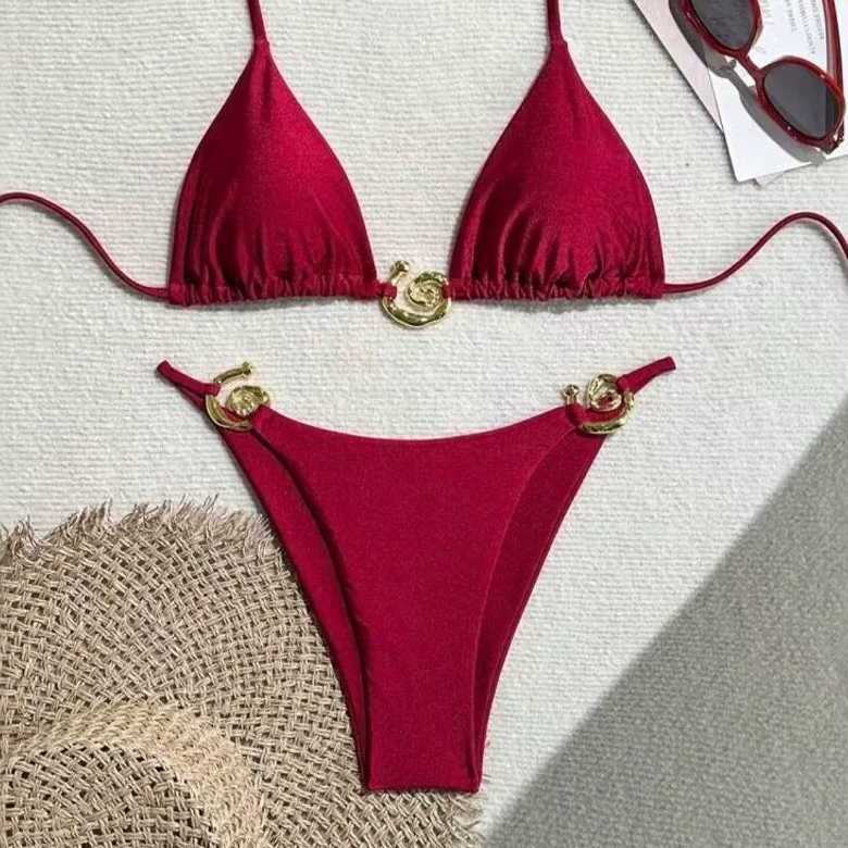 2025 новых европейских и американских бикини с металлическим кольцом, мелким блеском, высококачественные сексуальные раздельные бикини, однотонные купальники, оптовая партия для трансграничной торговли