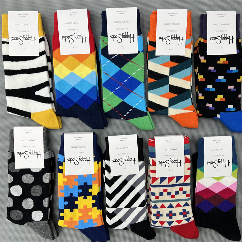 happysocks男士菱形格中筒襪四季幾何圖案吸濕排汗秋冬潮襪子