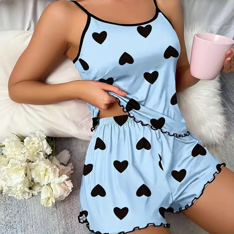 ヨーロッパとアメリカの AliExpress クロスボーダー夏パジャマプリントカジュアルセクシーなサスペンダーショーツホームウェアミルクシルクスーツ A7|undefined