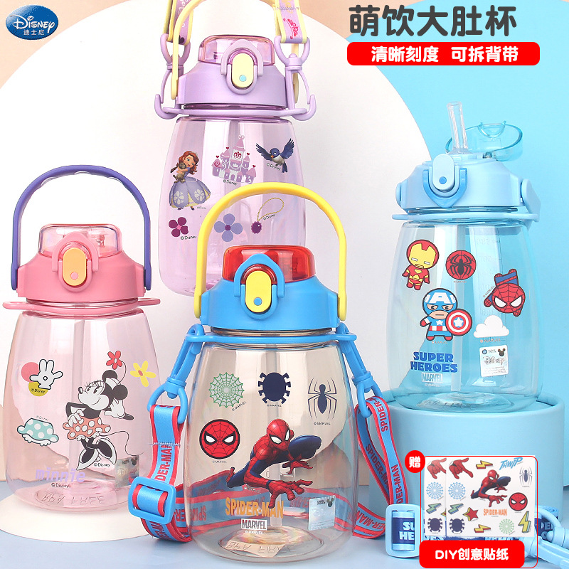 Детская летняя соломенная кружка Mickey Spider-Man для детского сада и начальной школы, модная бутылка для воды с ремешком, устойчивая к падениям, большой объем.