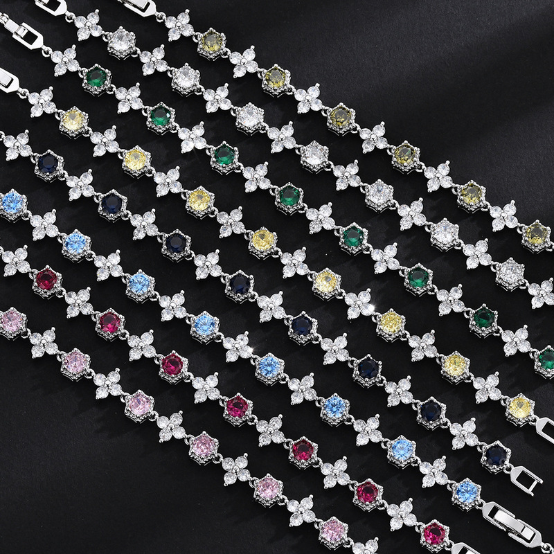 Chuangcan European and American hip-hop olive green full diamond sapphire blue inlaid zircon bracelet men's retro snowflake tennis chain for women