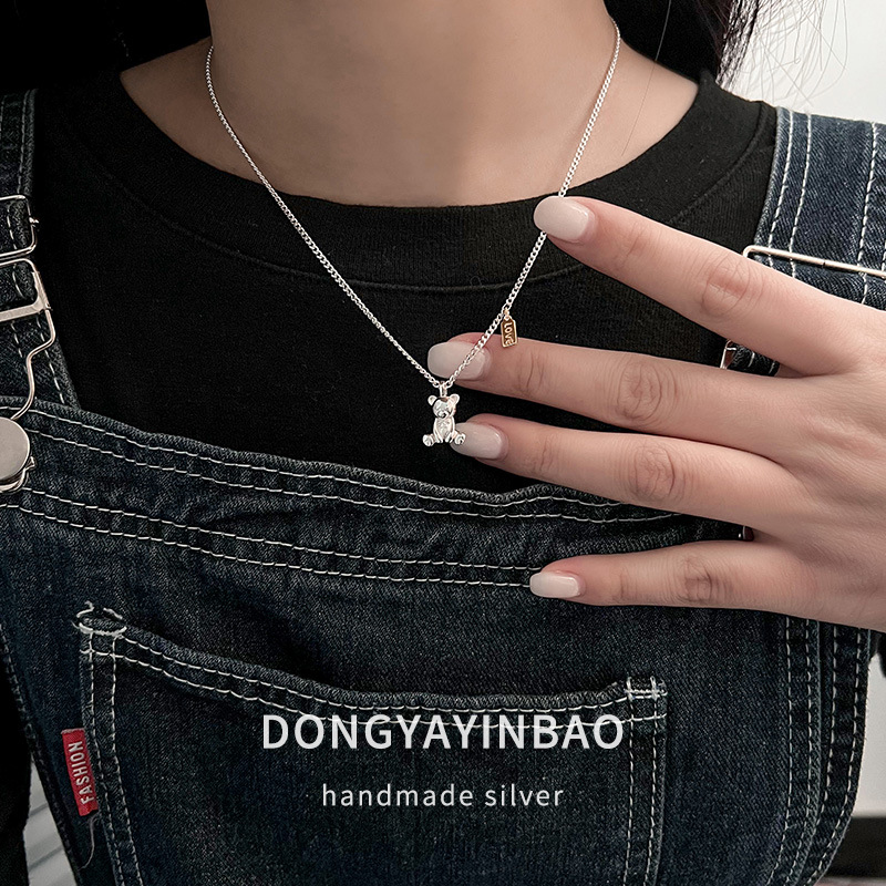 Echtes Silber Teddybär Anhänger Halskette Damen Nischendesign_voghion.com