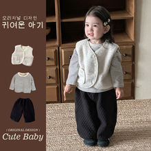 婴幼童韩版纯色马甲外套2025冬季新款条纹长袖小宝宝加厚长裤套装