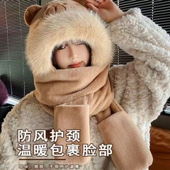 卡皮巴拉帽子围巾手套三件套一体冬季防风保暖毛绒三件套成人帽子